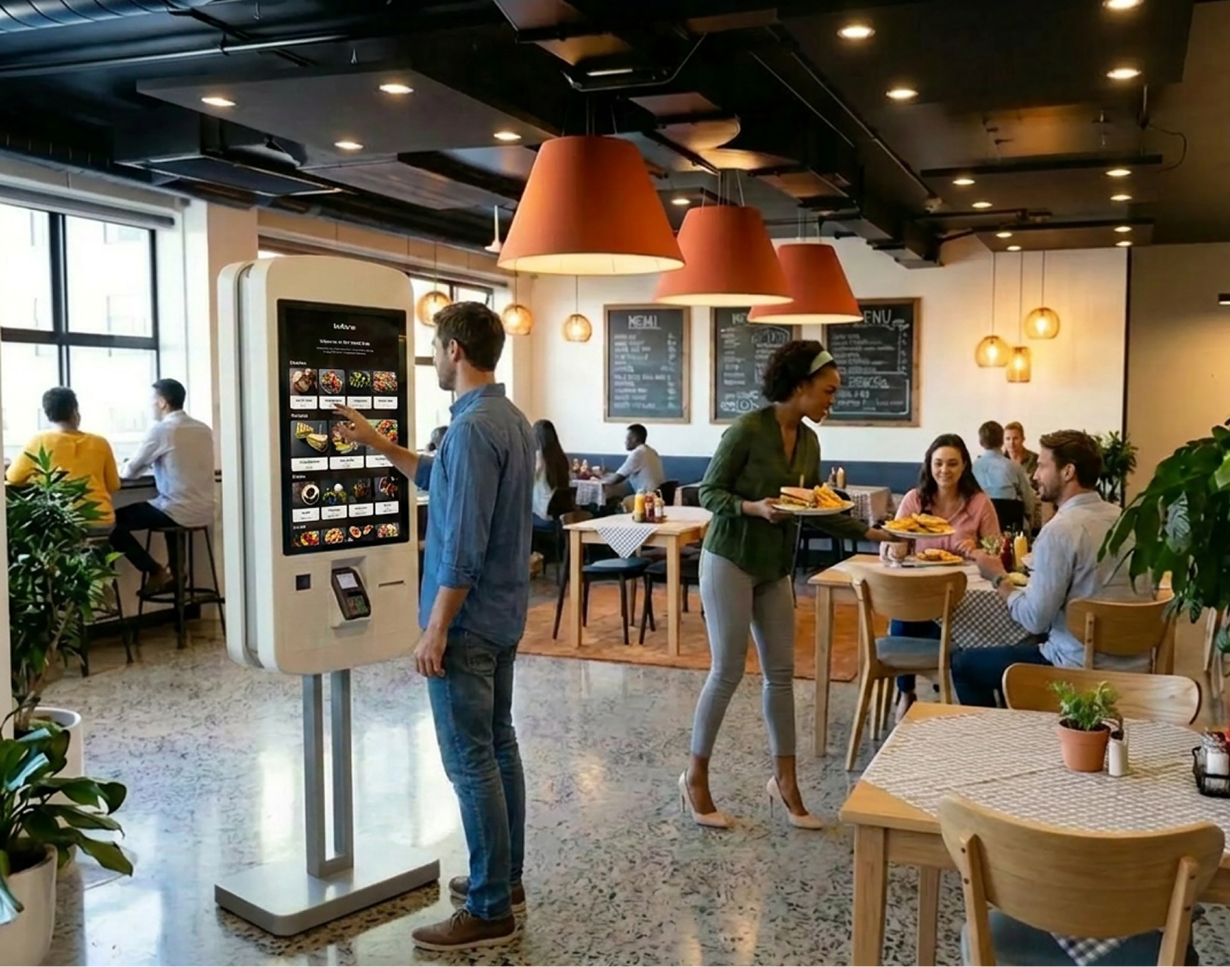 A guest taps to order at a Butlaroo self-order kiosk while staff serve plated food in a warm, modern restaurant.