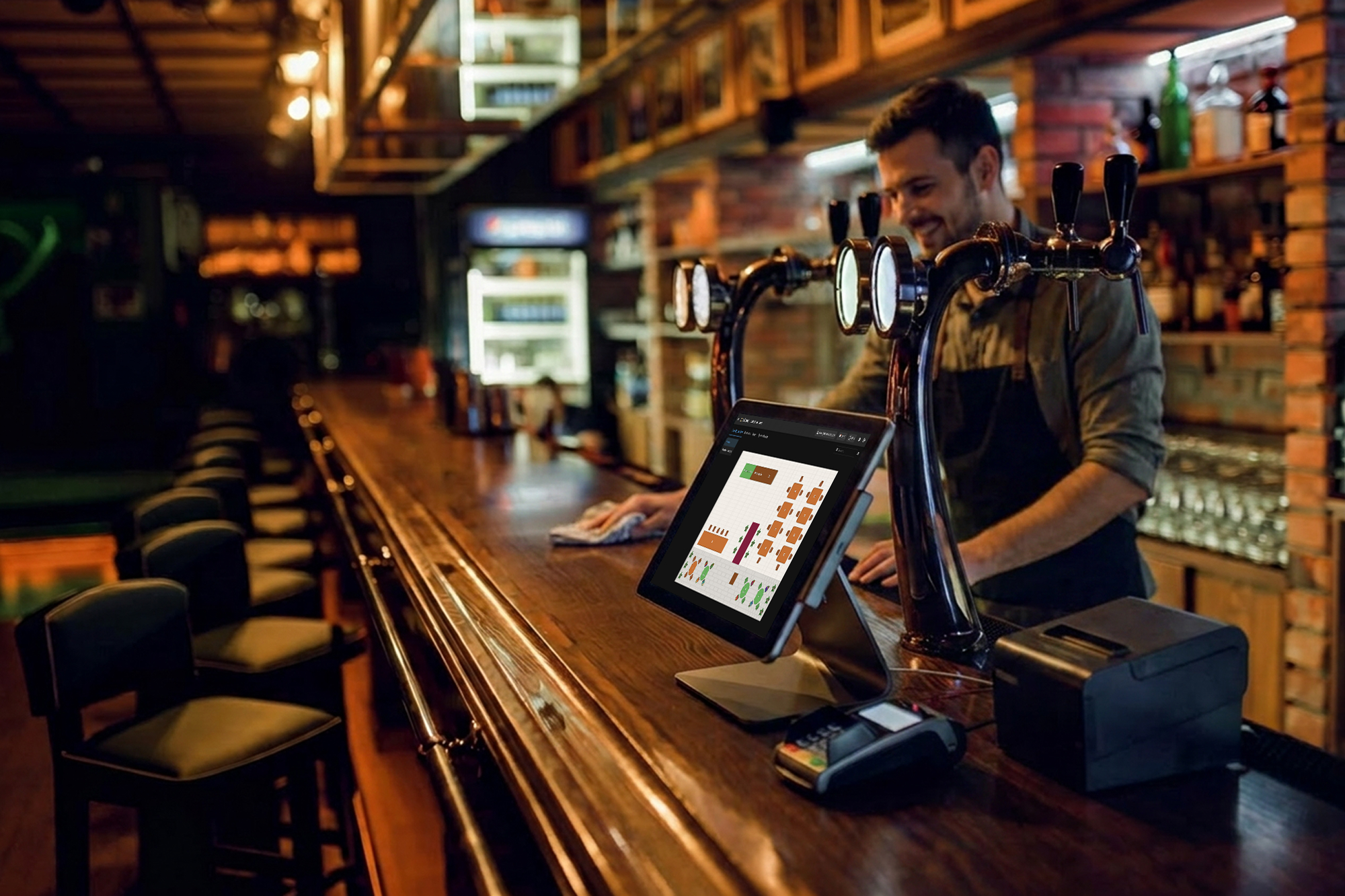 A bartender behind the taps of a craft brewery, with a Butlaroo POS workstation on the bar counter.